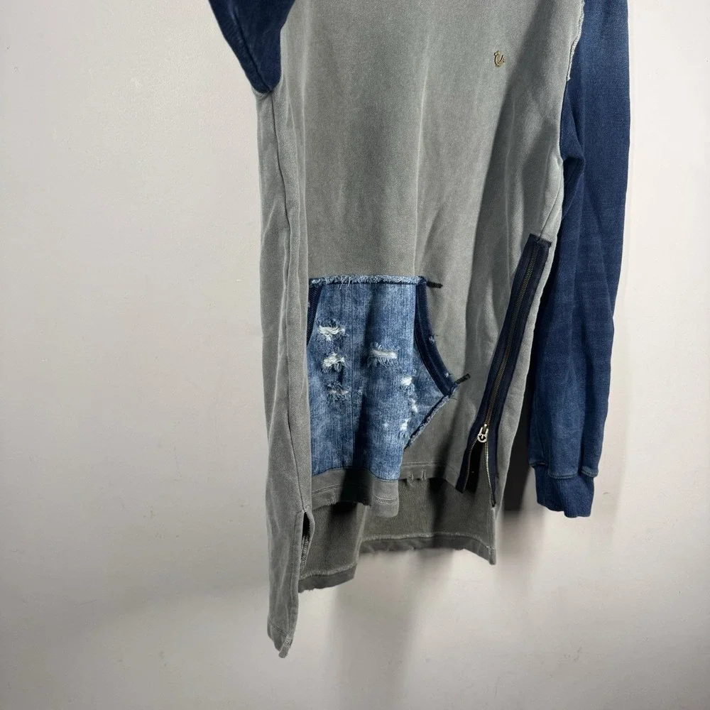 True Religion Mens Denim & Gray Pullover Kangaroo Pocket Hoodie Sz M Sweatshirt